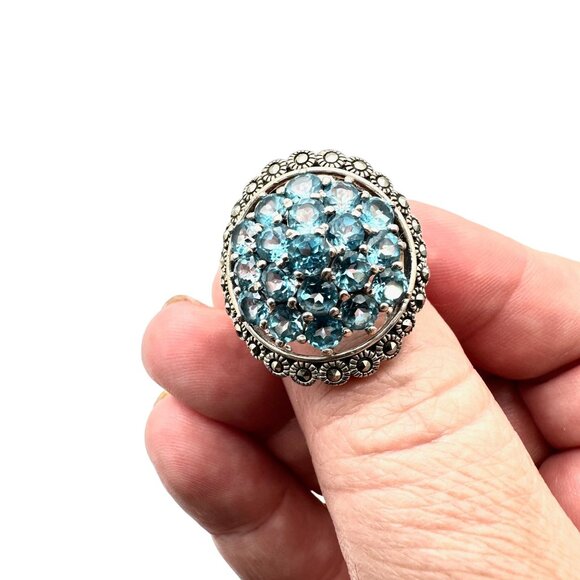 Estate Womens Ring Sterling Silver Blue Topaz Cluster Marcasite Size 9 Signed NF - Picture 5 of 9